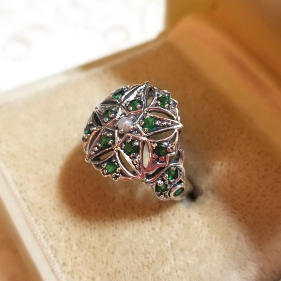 Art Deco Revival Chrome Diopside Seed Pearl Ring - Picture 6 of 8